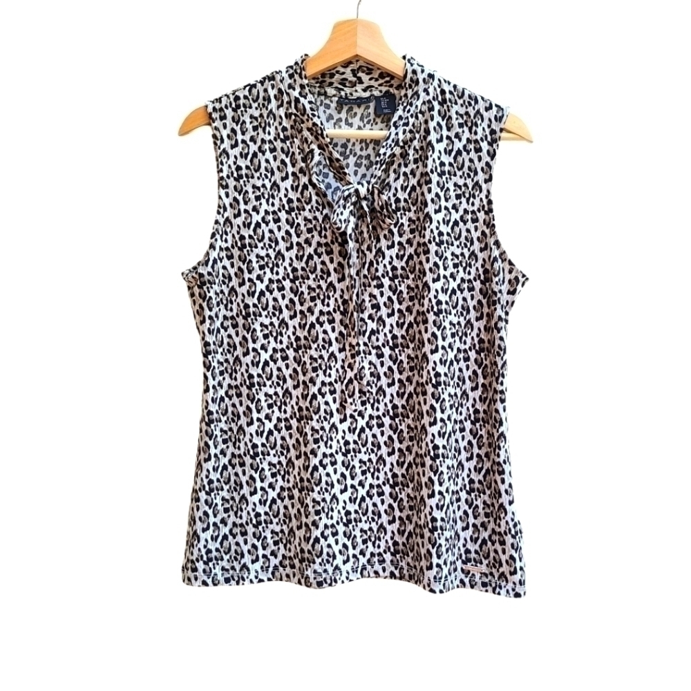 Tahari Sleeveless Animal Print Blouse with Neck Tie, Size Medium